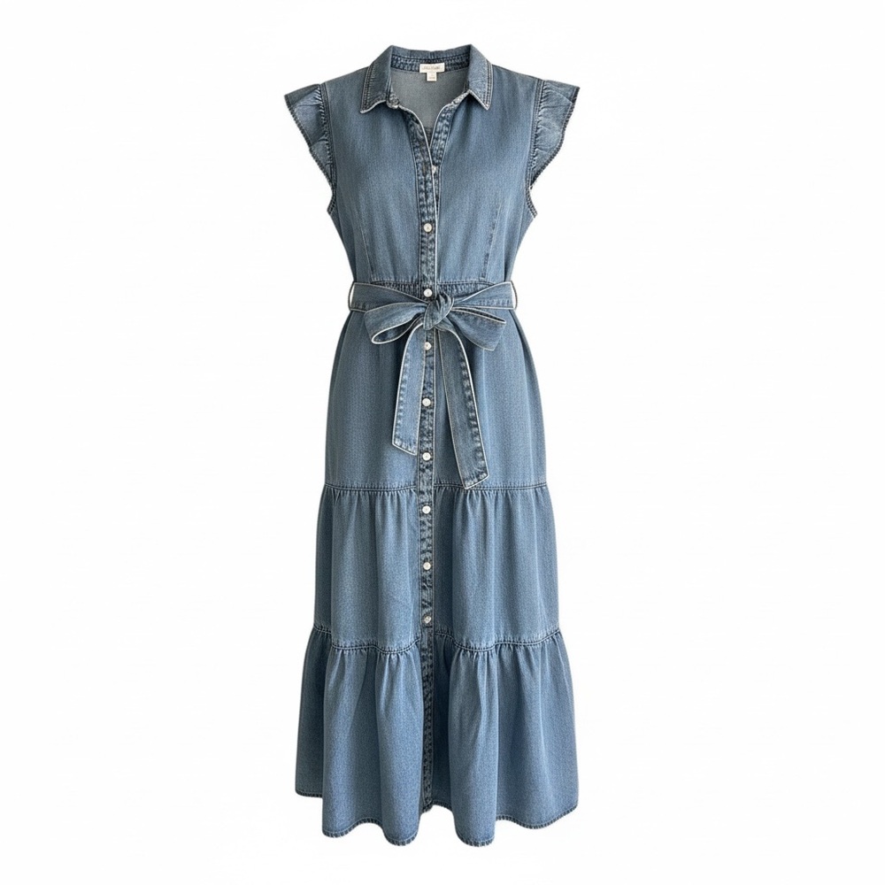 Crown and Ivy Women’s Denim Tiered Midi Dress. Button Front. Size 14P